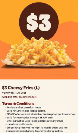 Large Cheesy Fries at S$3 on Burger King App
