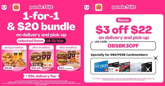 Burger King 1-for-1 & S$20 Bundle on foodpanda (16-31 Mar 2025)