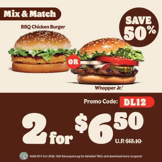 Burger King Mix & Match burgers at 2 for S$6.50