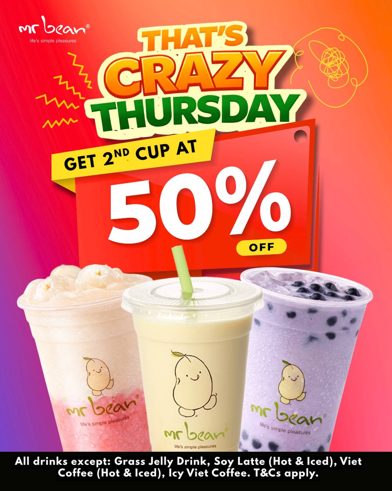 Mr Bean Crazy Thursday Deal: 50% Off 2nd Drink