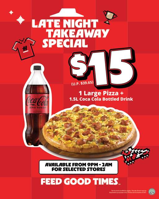 Pizza Hut Promo: Large Pizza + 1.5L Coke for S$15 until 19 Jul 2026