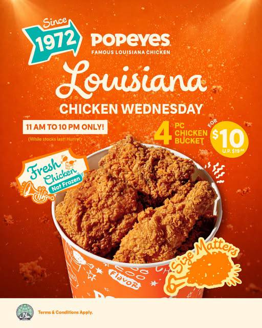 Popeyes 4 pcs Chicken Bucket at S$10 every Wednesday