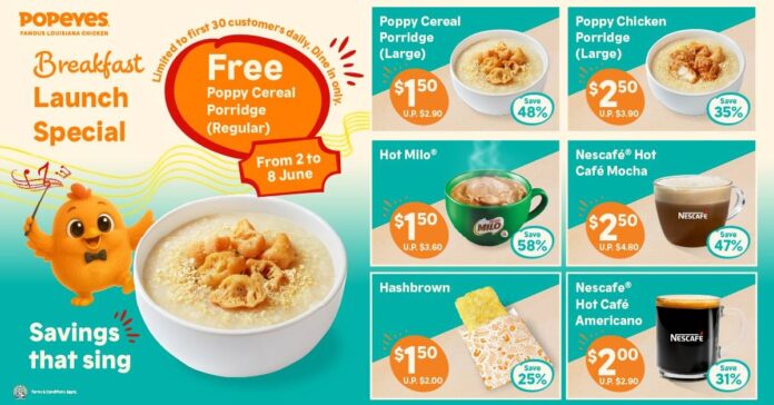 Popeyes Singapore: Free Poppy Cereal Porridge Daily!