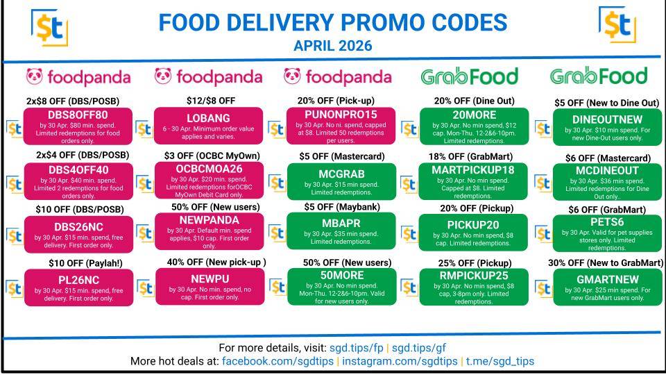 Singapore Food Delivery Promo Codes- April 2026