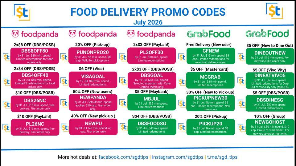 Singapore Food Delivery Promo Codes - July 2026
