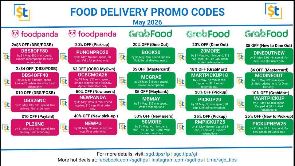 Singapore Food Delivery Promo Codes- May 2026