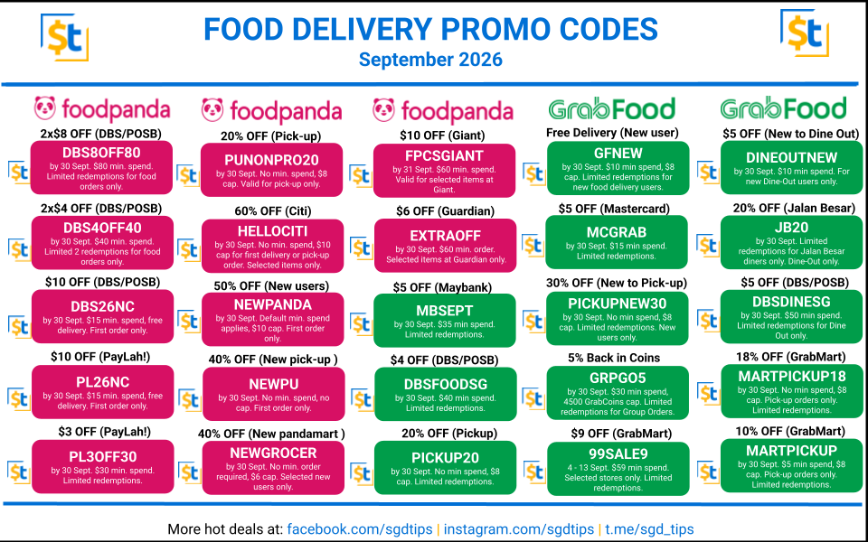 Singapore Food Delivery Promo Codes - Sept 2026