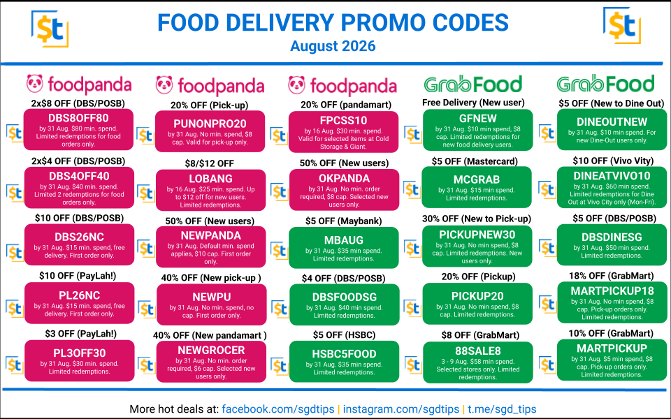 Singapore Food Delivery Promo Codes - Aug 2026