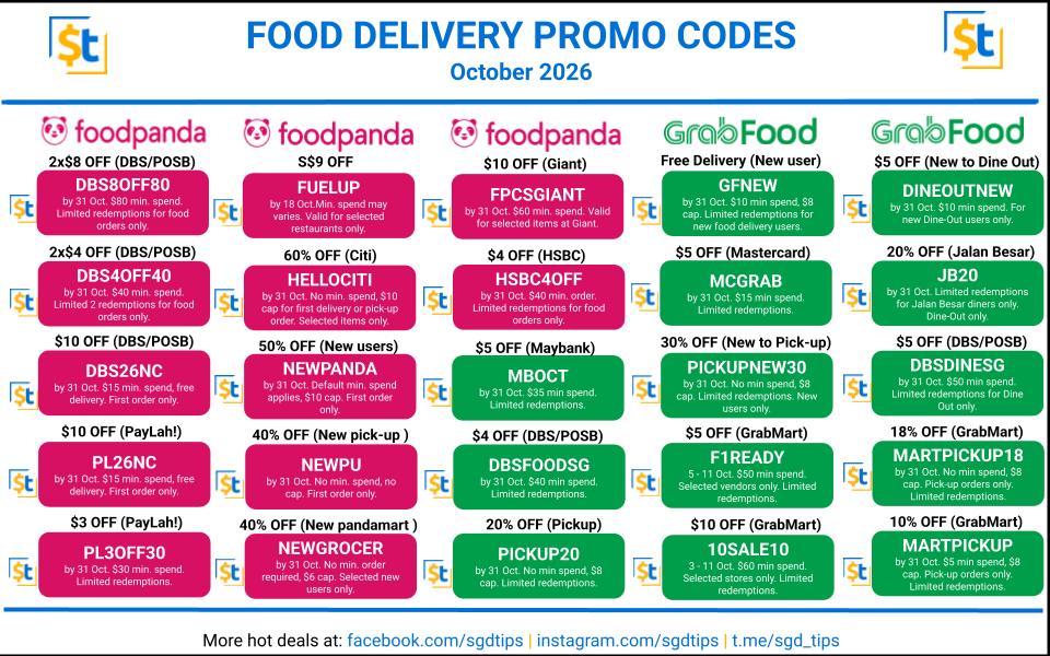 Singapore Food Delivery Promo Codes - Oct 2026