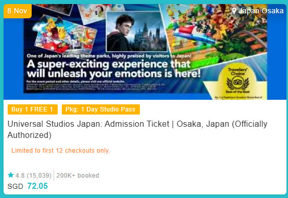 Universal Studio Japan 1-for-1 offer on 8 Nov 2024