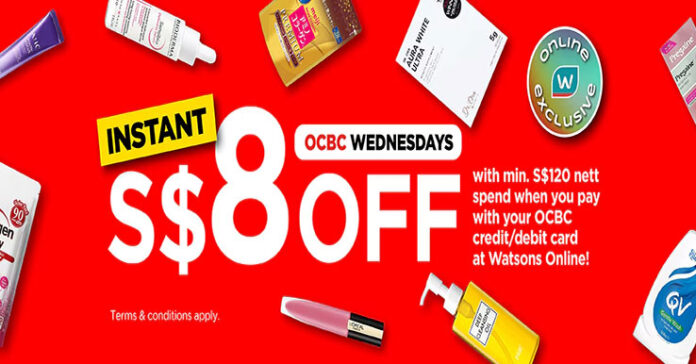 Watsons x OCBC Deal: S$8 Off Online Every Wed with Min. S$120 Spend